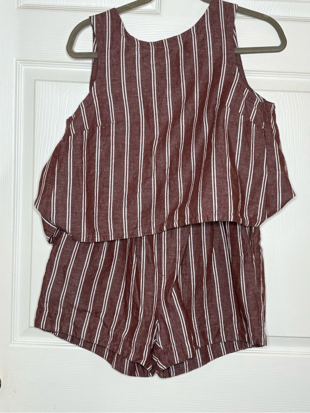 Pact Brown and White Striped Sleeveless Linen-Blend Shorts med and top is small - Picture 1 of 16